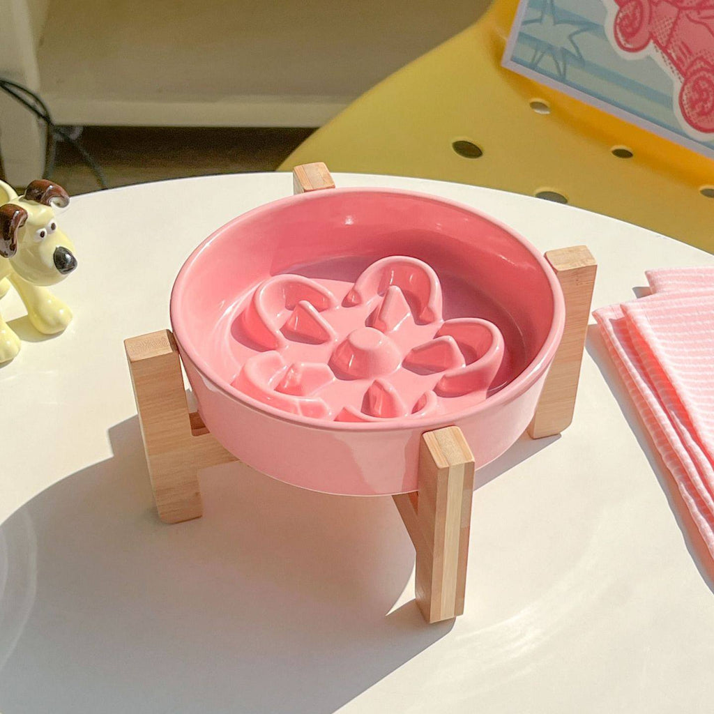 Comedero de cerámica antivoracidad con soporte de madera